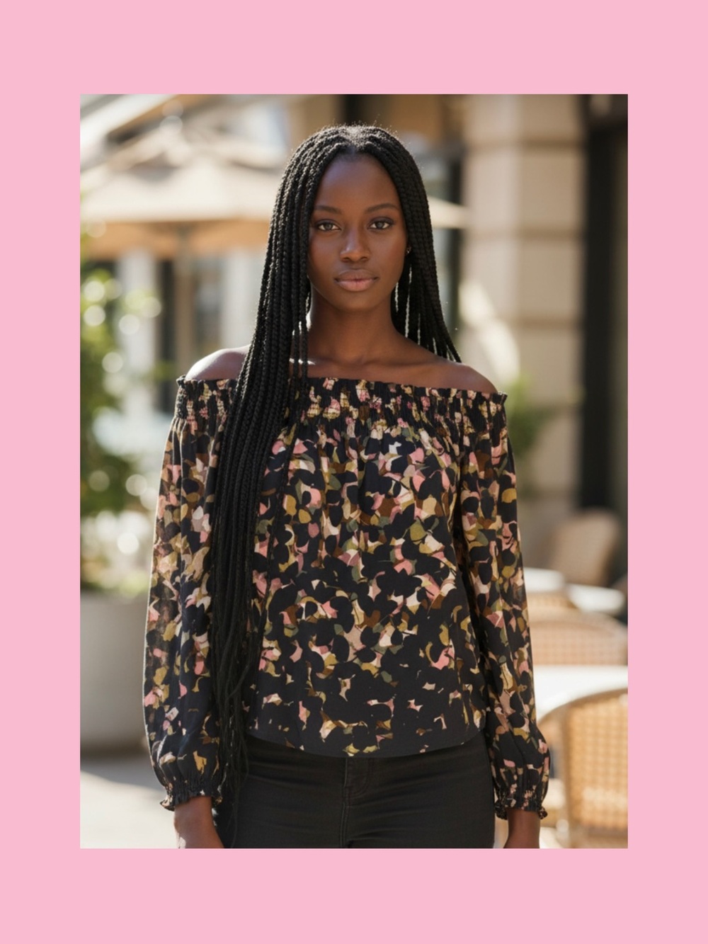 Love Stitch Off-Shoulder Floral Blouse in Black, Pink & Tan